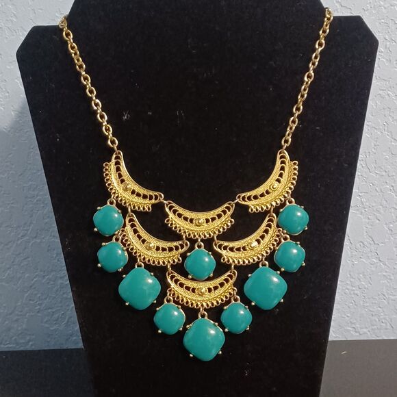 Source Unknown Jewelry - Vintage Gold-Toned Filigree Necklace with Turquoise Colored Stones, 16"